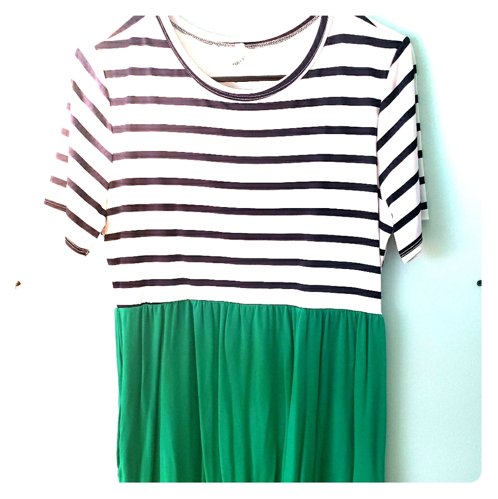 Striped mini dress w/ green skirt.